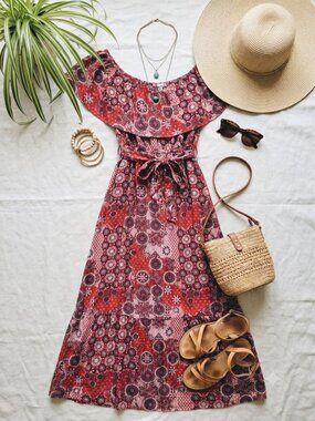 Baltic Born Red Patterned Off-Shoulder Maxi with Waist Tie